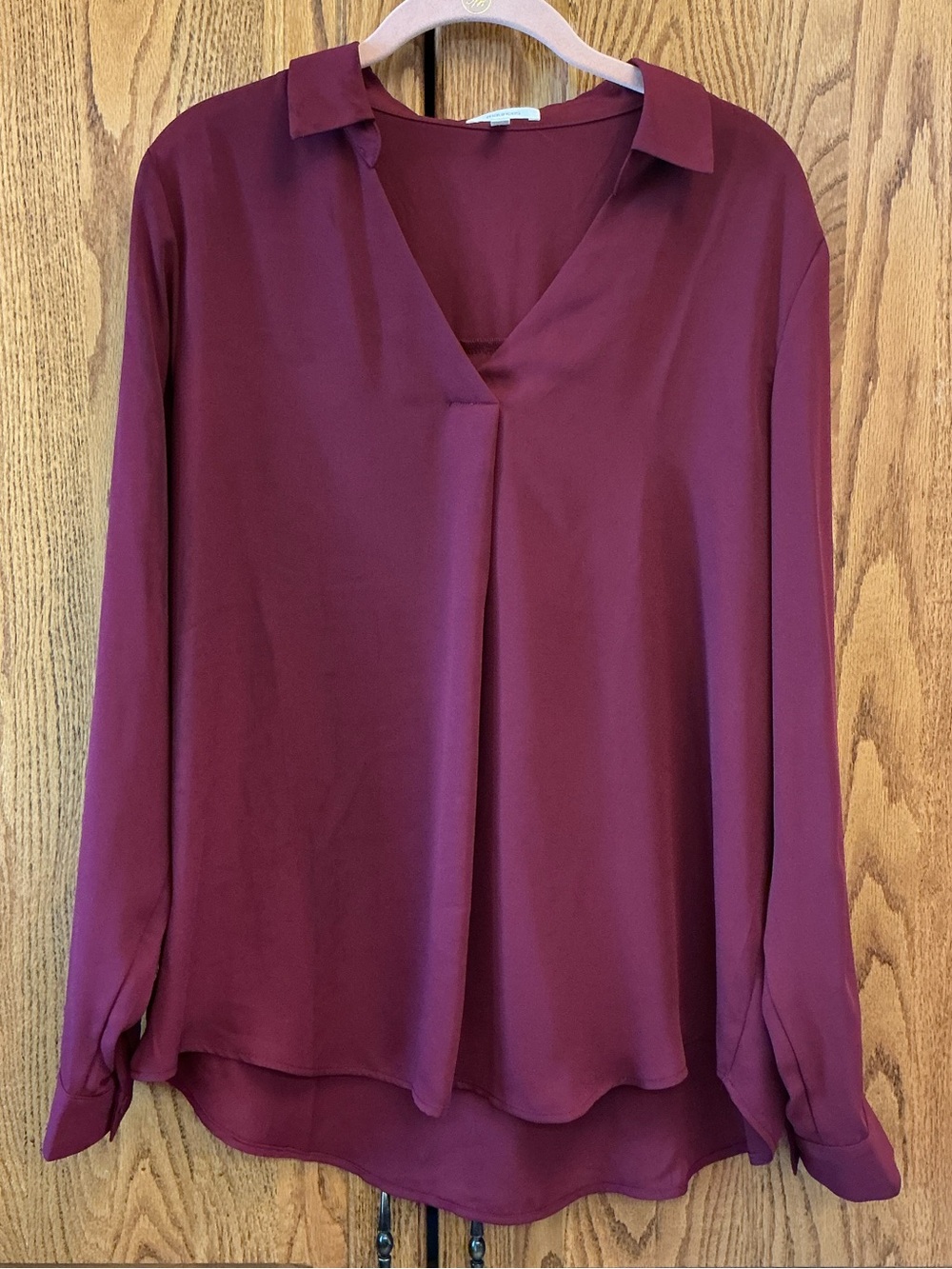 Women's V-Neck Long-Sleeve Blouse - Burgundy Size L